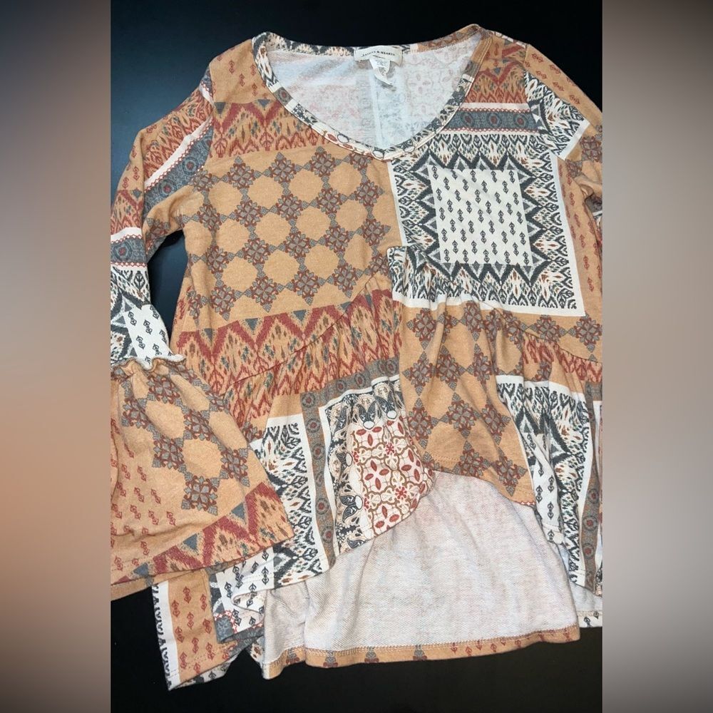 Saints & Hearts BOHO Patchwork High Low Ruffle Sleeve Long Sleeve Top Size M EUC